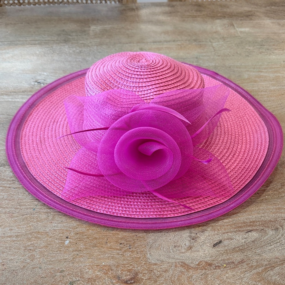 Bellissima Magenta Pink Wide-Brim Floral Derby Sun Hat - NWT